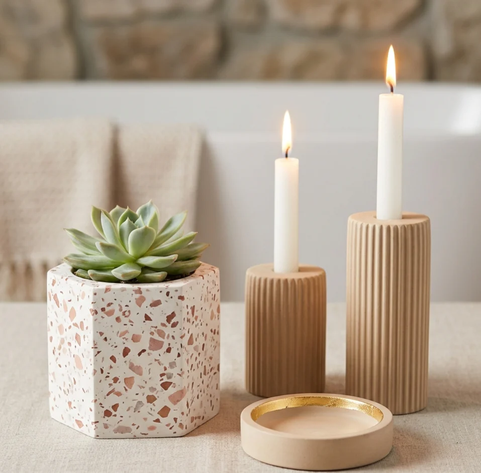 Terrazzo planter and candle holders
