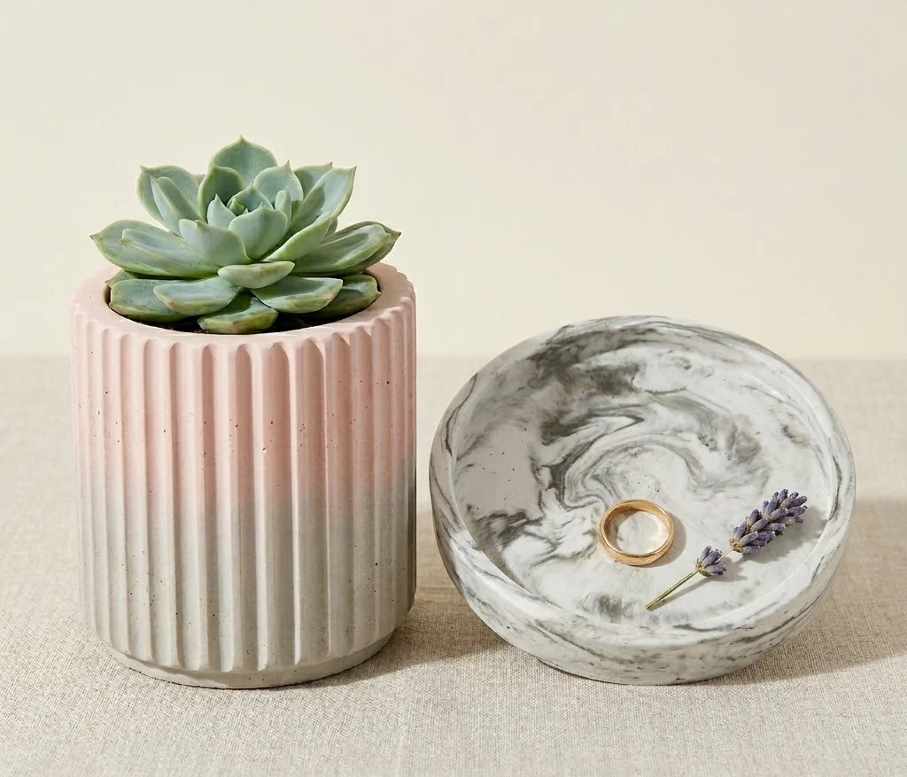 Fluted planter and marble dish