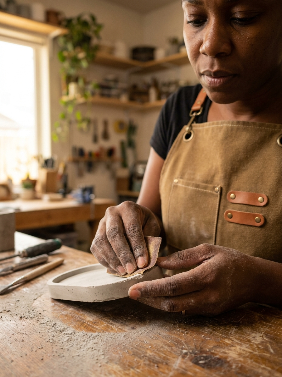 Student sanding a concrete tray